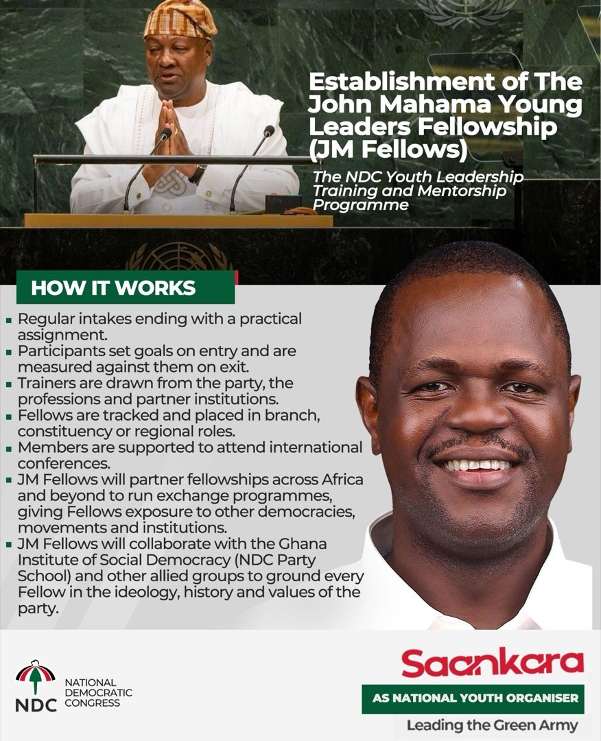 How it works. Regular intakes ending with a practical assignment. Participants set goals on entry and are measured against them on exit. Trainers are drawn from the party, the professions and partner institutions. Fellows are tracked and placed in branch, constituency or regional roles. Members are supported to attend international conferences. JM Fellows will partner fellowships across Africa and beyond to run exchange programmes, giving Fellows exposure to other democracies, movements and institutions. JM Fellows will collaborate with the Ghana Institute of Social Democracy (NDC Party School) and other allied groups to ground every Fellow in the ideology, history and values of the party.