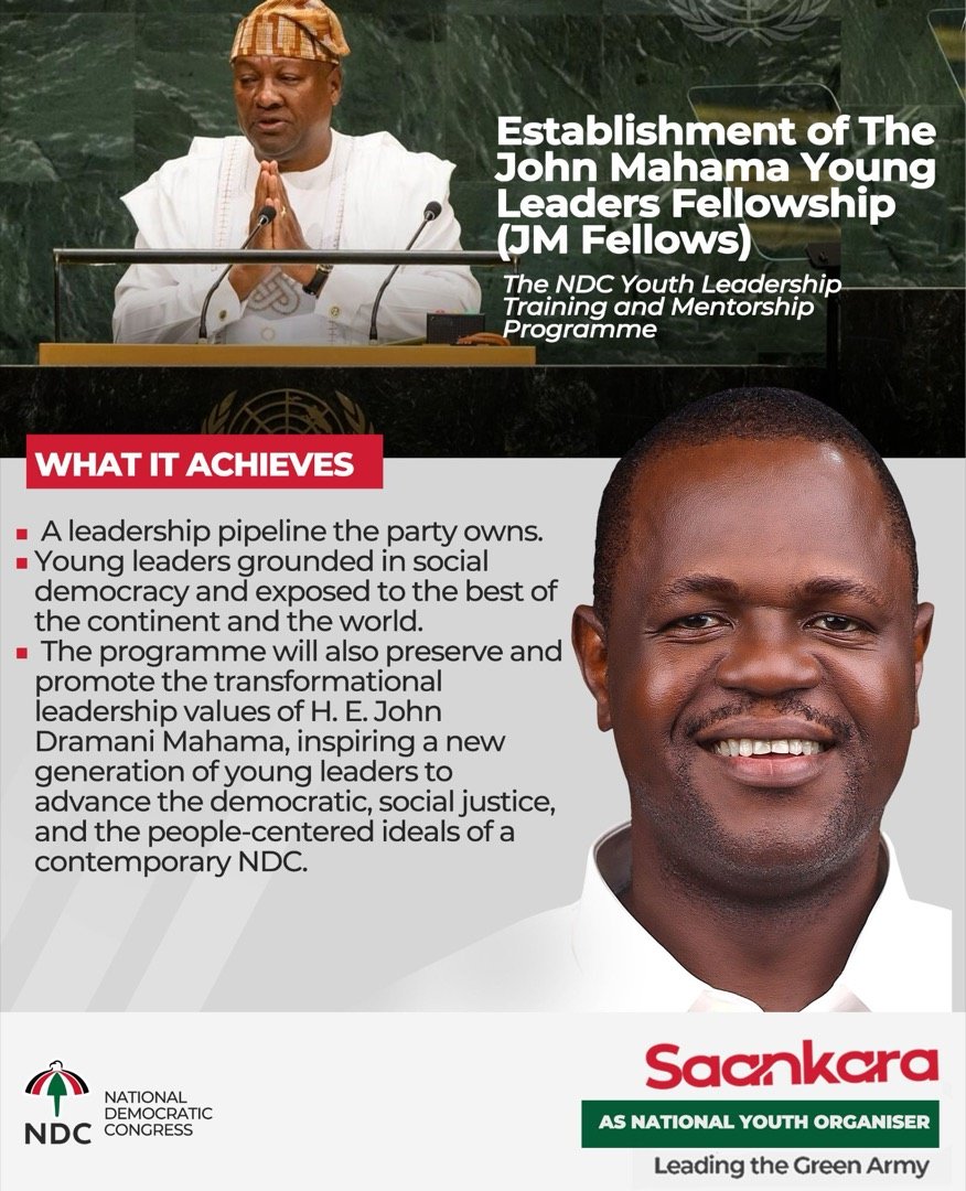 What it achieves. A leadership pipeline the party owns. Young leaders grounded in social democracy and exposed to the best of the continent and the world. The programme will also preserve and promote the transformational leadership values of H. E. John Dramani Mahama, inspiring a new generation of young leaders to advance the democratic, social justice, and the people-centered ideals of a contemporary NDC.